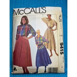 McCalls Sewing pattern 9415 button up shirt midi skirt suspenders 1980s size 10